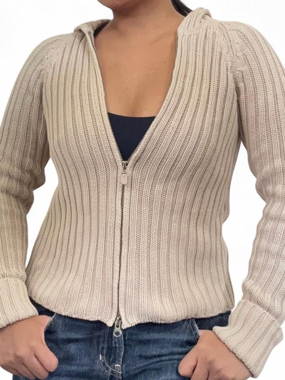 Beige Ribbed Zip-Front Hoodie Sweater - Women's